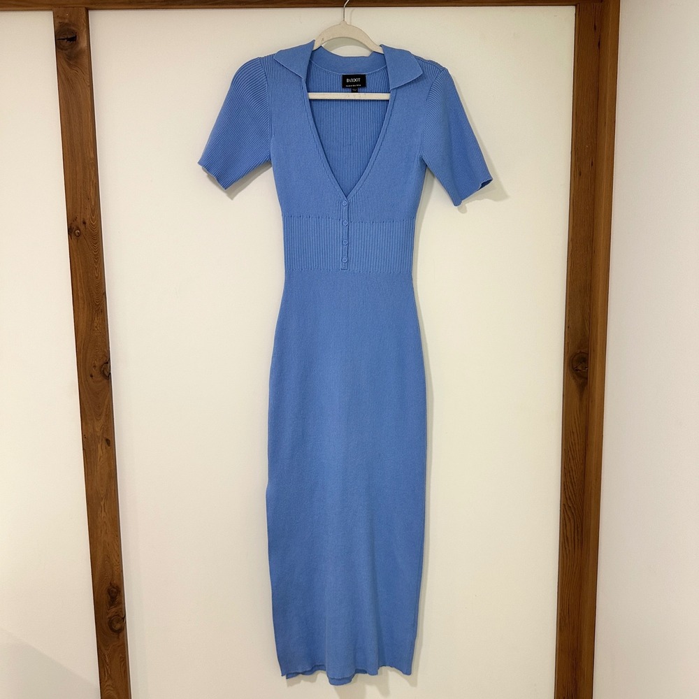 Bardot Womens M Blue Ribbed Knit Button Front V Neck Maxi Dress Side Slit